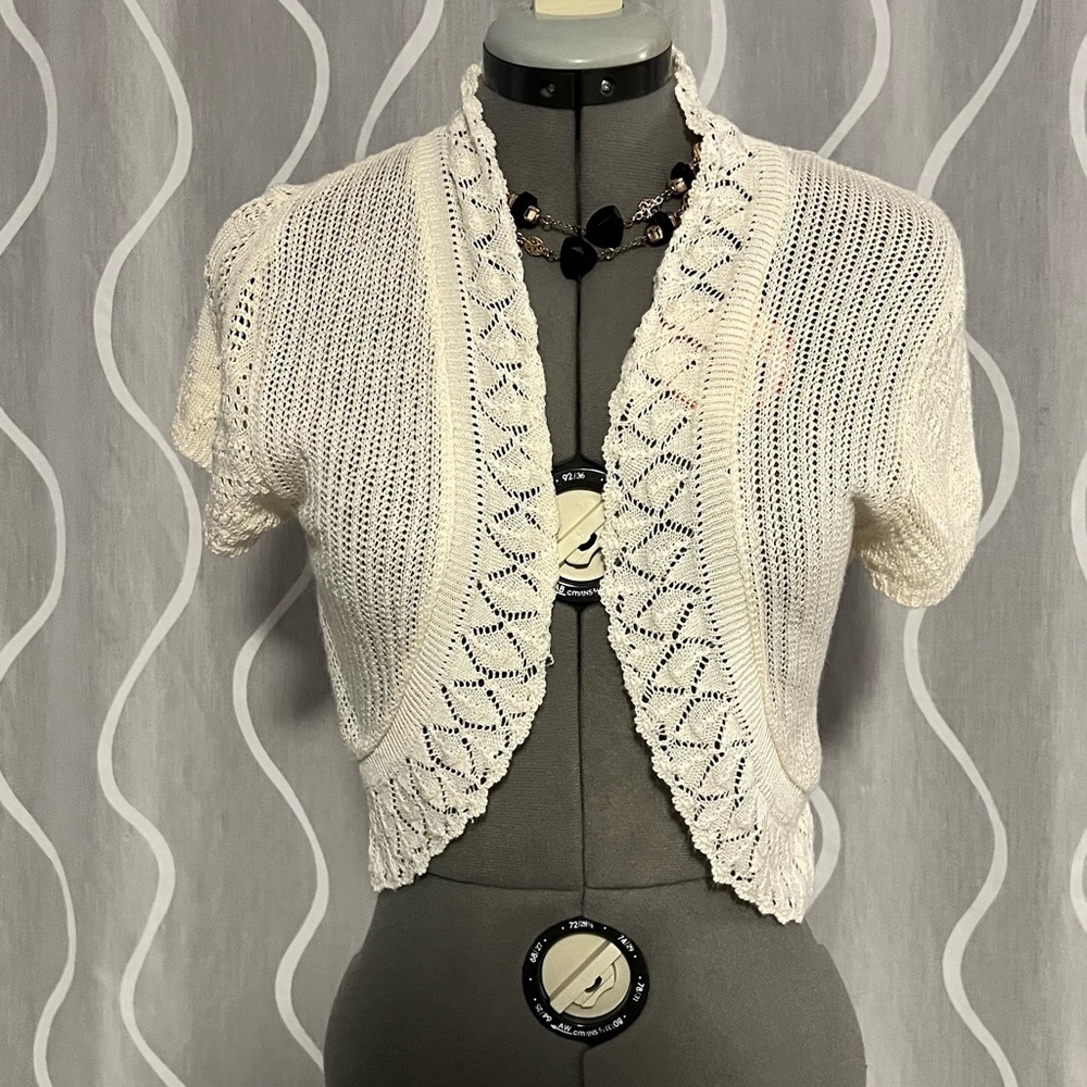 No Boundaries White Knit Shrug with Openwork Patterns